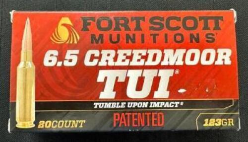 DESCRIPTION (5) 20CT BOXES OF 6.5 CREEDMOOR AMMO BRAND / MODEL: FORT SCOTT TUI ADDITIONAL INFORMATION 123 GRAIN SIZE $47.99 EACH LOCATION AMMO WALL QT