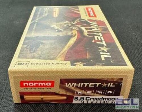 DESCRIPTION (2) 20CT BOXES OF 6.5 CREED MOOR AMMO BRAND / MODEL: NORMA WHITETAIL PSP ADDITIONAL INFORMATION 140 GRAIN SIZE $36.99 EACH LOCATION AMMO W