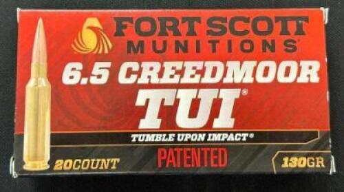 DESCRIPTION (1) 20CT BOX OF 6.5 CREEDMOOR AMMO BRAND / MODEL: FORT SCOTT TUI ADDITIONAL INFORMATION 130 GRAIN SIZE $56.99 EACH LOCATION AMMO WALL QTY