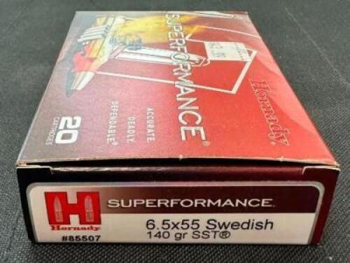 DESCRIPTION (2) 20CT BOXES OF 6.5X55 SWEDISH AMMO BRAND / MODEL: HORNADY SST SUPERFORMANCE 85507 ADDITIONAL INFORMATION 140 GRAIN SIZE $43.99 EACH LOC