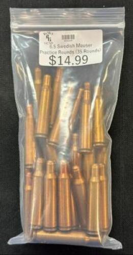DESCRIPTION (1) 35CT BAG OF 6.5 SWEDISH PRACTICE AMMO SIZE 14.99 LOCATION AMMO WALL QTY 1