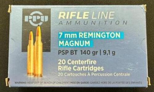 DESCRIPTION (3) 20CT BOXES OF 7mm REMINGTON MAGNUM AMMO BRAND / MODEL: PPU PSP BT ADDITIONAL INFORMATION 140 GRAIN SIZE $38.99 EACH LOCATION AMMO WALL