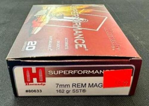 DESCRIPTION (3) 20CT BOXES OF 7mm REMINIGTON MAGNUM AMMO BRAND / MODEL: HORNADY SUPERFORMANCE 80633 ADDITIONAL INFORMATION 162 GRAIN SIZE $58.99 EACH