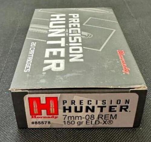 DESCRIPTION (3) 20CT BOXES OF 7mm-08 REMINGTON AMMO BRAND / MODEL: HORNADY PRECISION HUNTER ELD-X 85578 ADDITIONAL INFORMATION 150 GRAIN SIZE $52.99 E