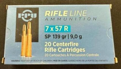DESCRIPTION (7) 20CT BOXES OF 7X57 R AMMO BRAND / MODEL: PPU SP ADDITIONAL INFORMATION 139 GRAIN SIZE $20.99 EACH LOCATION AMMO WALL QTY 7