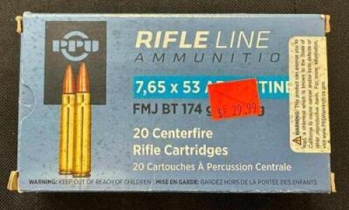 DESCRIPTION (1) 20CT BOX OF 7.65X53 ARGENTINE AMMO BRAND / MODEL: PPU FMJ BT ADDITIONAL INFORMATION 174 GRAIN SIZE 329.99 LOCATION AMMO WALL QTY 1