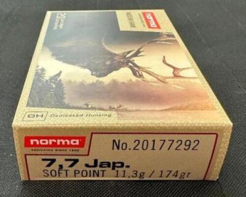 DESCRIPTION (4) 20CT BOXES OF 7.7 JAPANESE SOFT POINT AMMO BRAND / MODEL: NORMA 20177292 ADDITIONAL INFORMATION 174 GRAIN SIZE $52.99 EACH LOCATION AM
