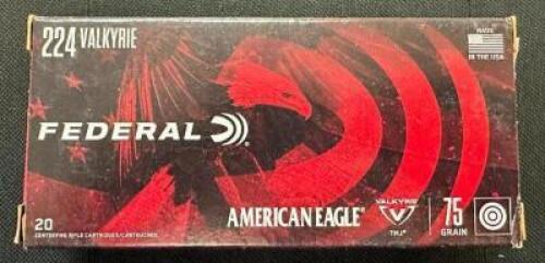 DESCRIPTION (8) 20CT BOXES OF 224 VALKYRIE TMJ AMMO BRAND / MODEL: FEDERAL ADDITIONAL INFORMATION 75 GRAIN SIZE $18.99 EACH LOCATION AMMO WALL QTY 8