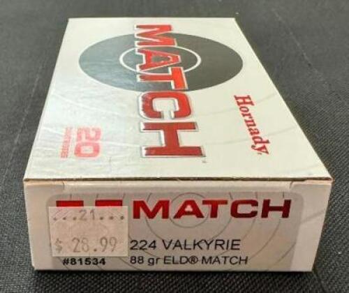 DESCRIPTION (11) 20CT BOXES OF 224 VALKYRIE AMMO BRAND / MODEL: HORNADY ELD MATCH ADDITIONAL INFORMATION 88 GRAIN SIZE $28.99 EACH LOCATION AMMO WALL