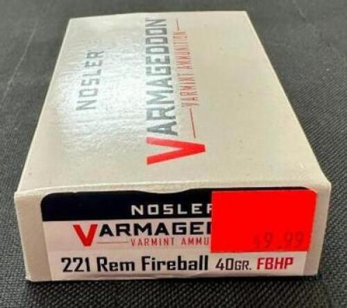 DESCRIPTION (1) 20CT BOX OF 221 REMINGTON FIREBALL AMMO BRAND / MODEL: NOSLER VARMEGEDDON FBHP ADDITIONAL INFORMATION 40 GRAIN SIZE 49.99 LOCATION AMM