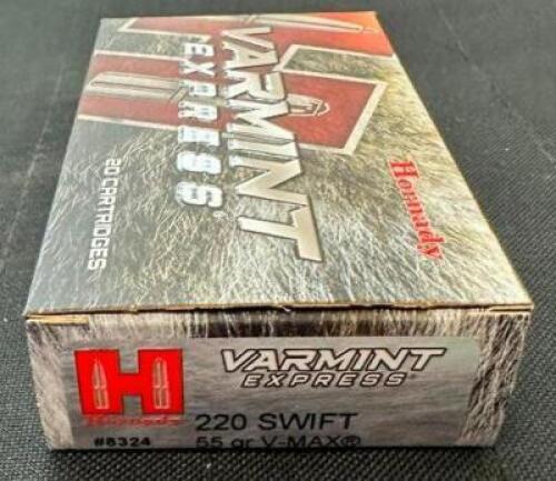 DESCRIPTION (8) 20CT BOXES OF 220 SWIFT AMMO BRAND / MODEL: HORNADY VARMINT EXPRESS V-MAX ADDITIONAL INFORMATION 55 GRAIN SIZE $36.99 EACH LOCATION AM