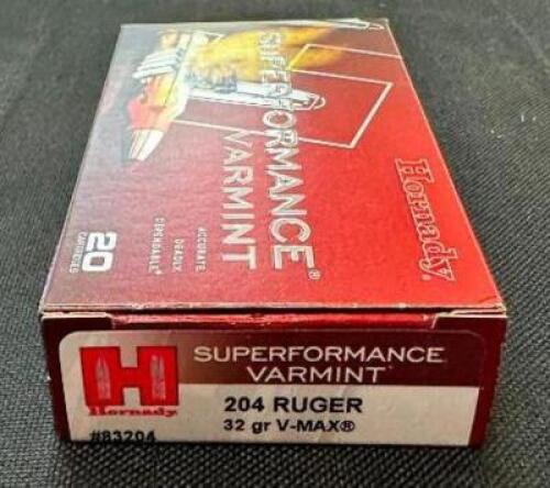 DESCRIPTION (6) 20CT BOXES OF 204 RUGER AMMO BRAND / MODEL: HORNADY SUPERFORMANCE V-MAX ADDITIONAL INFORMATION 32 GRAIN SIZE $31.99 EACH LOCATION AMMO