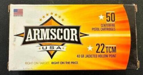 DESCRIPTION (10) 50CT BOXES OF 22TCM JACKETED HOLLOW POINT AMMO BRAND / MODEL: ARMSCOR ADDITIONAL INFORMATION 40 GRAIN SIZE $28.99 EACH LOCATION AMMO