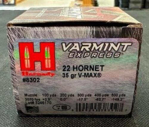 DESCRIPTION (6) 25CT BOXES OF 22 HORNET AMMO BRAND / MODEL: HORNADY VARMINT EXPRESS V-MAX 8302 ADDITIONAL INFORMATION 35 GRAIN SIZE $29.99 EACH LOCATI
