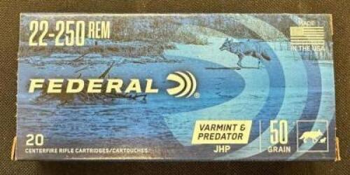 DESCRIPTION (9) 20CT BOXES OF 22-250 REMINGTON AMMO BRAND / MODEL: FEDERAL ADDITIONAL INFORMATION 50 GRAIN SIZE $35.99 EACH LOCATION AMMO WALL QTY 9