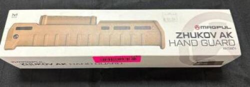DESCRIPTION MAGPUL ZHUKOV AK HAND GUARD ( TAN ) BRAND / MODEL: MAGP868 ADDITIONAL INFORMATION RETAILS FOR $97.99 LOCATION GUN COUNTER QTY 1
