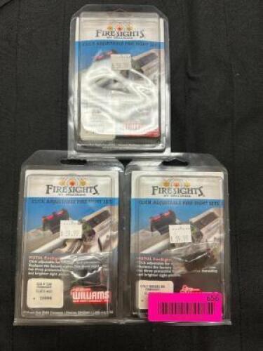 DESCRIPTION (2) WILLIAMS SIG SAUER AND (1) COLT CLICK ADJUSTABLE FIRESIGHTS BRAND / MODEL: WILLIAMS ADDITIONAL INFORMATION RETAIL FOR $59 EACH THIS LO