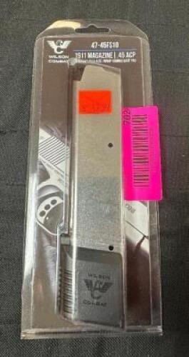 DESCRIPTION WILSON COMBAT 1911 10 ROUND MAGAZINE BRAND / MODEL: WILSON COMBAT 47-45FS10 ADDITIONAL INFORMATION RETAILS FOR $49.99 LOCATION GUN COUNTER