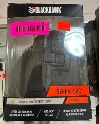 DESCRIPTION BLACKHAWK SERPA CQC GLOCK 19/23 HOLSTER ADDITIONAL INFORMATION RETAILS FOR $48.99 LOCATION GUN COUNTER QTY 1