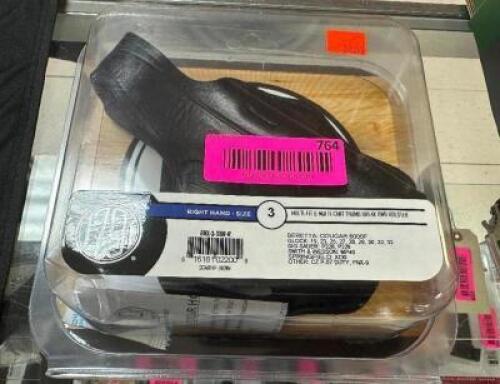 DESCRIPTION RIGHT AND SIZE 4 THUMB BREAK HOLSTER- SEE IMAGES FOR TYPE OF FIRE ARMS ADDITIONAL INFORMATION RETAILS FOR $52.99 LOCATION GUN COUNTER QTY