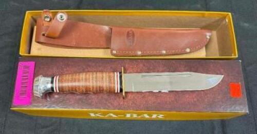 DESCRIPTION KA-BAR 1235 HUNTING KNIFE WITH 6" STAINLESS STEEL CLIP POINT BLADE, POLISHED LEATHER HANDLE, AND LEATHER SHEATH BRAND / MODEL: KA-BAR 1235