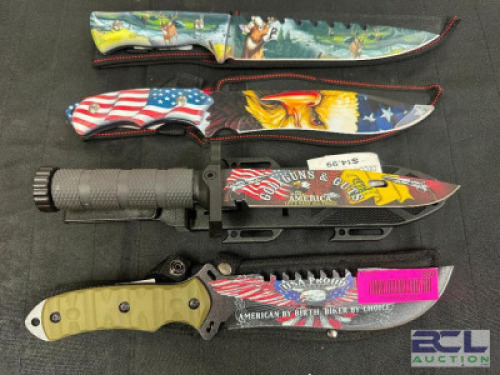 DESCRIPTION (4) ASSORTED NOVELTY KNIVES THIS LOT IS: ONE MONEY LOCATION KNIFE COUNTER QTY 1