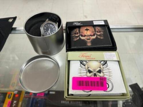 DESCRIPTION (2) WALLETS AND (1) WRIST WATCH. THIS LOT IS: ONE MONEY LOCATION KNIFE COUNTER QTY 1