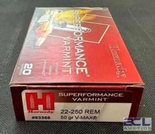 DESCRIPTION (4) 20CT BOXES OF 22-250 REMINGTON AMMO BRAND / MODEL: HORNADY SUPERFORMANCE VARMINT V-MAX ADDITIONAL INFORMATION 50 GRAIN SIZE $39.99 EAC