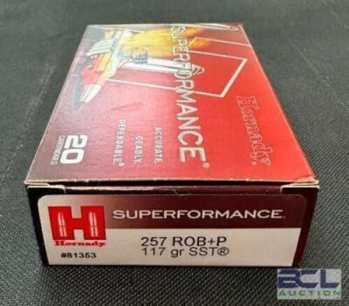 DESCRIPTION (4) 20CT BOXES OF 257 ROB+P AMMO BRAND / MODEL: HORNADY SUPERFORMANCE SST 81353 ADDITIONAL INFORMATION 117 GRAIN SIZE $51.99 EACH LOCATION