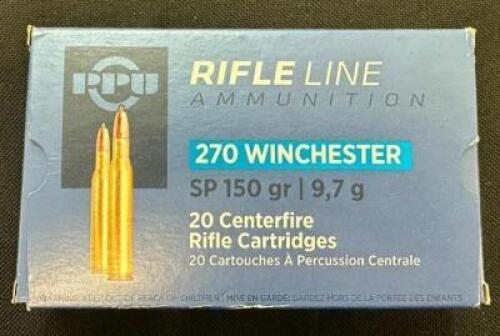 DESCRIPTION (5) 20CT BOXES OF 270 WINCHESTER AMMO BRAND / MODEL: PPU SP ADDITIONAL INFORMATION 150 GRAIN SIZE $32.99 EACH LOCATION AMMO WALL QTY 5