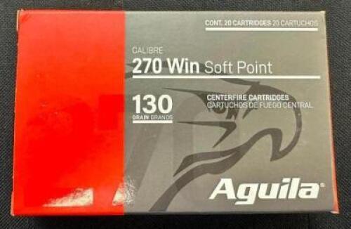 DESCRIPTION (3) 20CT BOXES OF 270 WINCHESTER AMMO BRAND / MODEL: AGUILA ADDITIONAL INFORMATION 130 GRAIN SIZE $33.99 EACH LOCATION AMMO WALL QTY 3