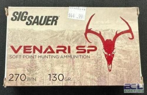 DESCRIPTION (6) 20CT BOXES OF 270 WINCHESTER AMMO BRAND / MODEL: SIG SAUER VENARI SP ADDITIONAL INFORMATION 130 GRAIN SIZE $44.99 EACH LOCATION AMMO W