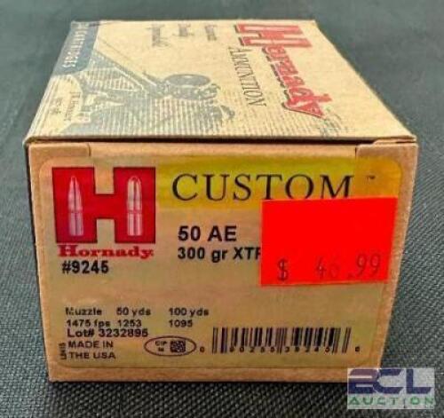 DESCRIPTION (4) 20CT BOXES OF 50 AE AMMO BRAND / MODEL: HORNADY CUSTOM 9245 ADDITIONAL INFORMATION 300 GRAIN SIZE $46.99 EACH LOCATION AMMO WALL QTY 4