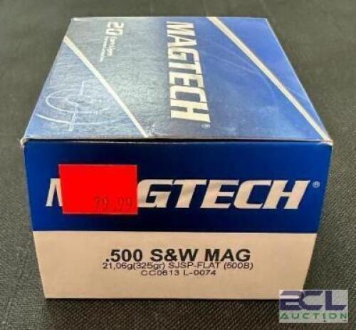 DESCRIPTION (2) 20CT BOXES OF 500 S&W MAGNUM AMMO BRAND / MODEL: MAGTECH ADDITIONAL INFORMATION 325 GRAIN SIZE $79.99 EACH LOCATION AMMO WALL QTY 2