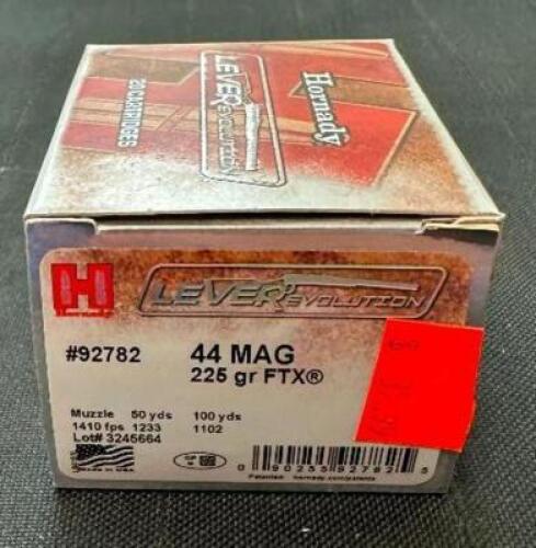 DESCRIPTION (1) 20CT BOX OF 44 MAGNUM AMMO BRAND / MODEL: HORNADY LEVEREVOLUTION 92782 ADDITIONAL INFORMATION 225 GRAIN SIZE 35.99 LOCATION AMMO WALL