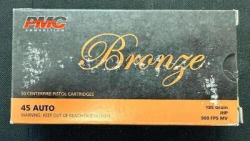 DESCRIPTION (8) 50CT BOXES OF 45 AUTO AMMO BRAND / MODEL: PMC BRONZE ADDITIONAL INFORMATION 185 GRAIN SIZE $34.99 EACH LOCATION AMMO WALL QTY 8
