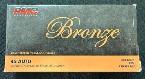 DESCRIPTION (5) 50CT BOXES OF 45 AUTO AMMO BRAND / MODEL: PMC BRONZE ADDITIONAL INFORMATION 230 GRAIN SIZE $30.99 EACH LOCATION AMMO WALL QTY 5