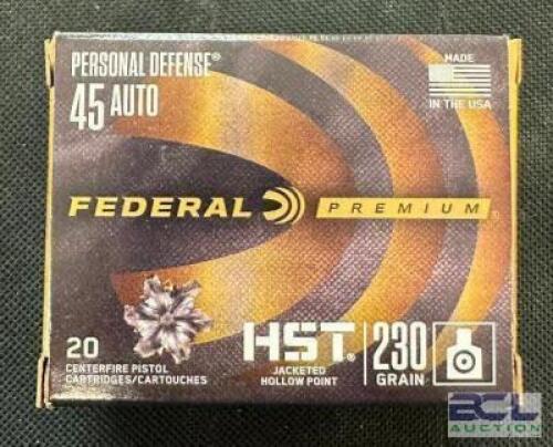 DESCRIPTION (4) 20CT BOXES OF 45 AUTO AMMO BRAND / MODEL: FEDERAL HST ADDITIONAL INFORMATION 230 GRAIN SIZE $42.99 EACH LOCATION AMMO WALL QTY 5