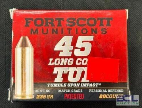 DESCRIPTION (6) 20CT BOXES OF 45 LONG COLT AMMO BRAND / MODEL: FORT SCOTT TUI ADDITIONAL INFORMATION 225 GRAIN SIZE $37.99 EACH LOCATION AMMO WALL QTY