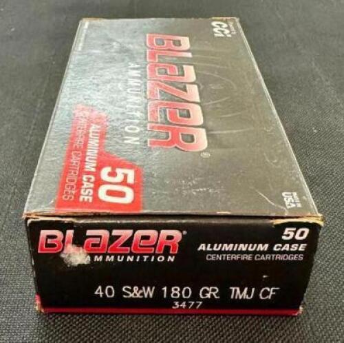 DESCRIPTION (1) 50CT BOX OF 40 S&W TMJ AMMO BRAND / MODEL: BLAZER ADDITIONAL INFORMATION 180 GRAIN SIZE 35.99 LOCATION AMMO WALL QTY 1