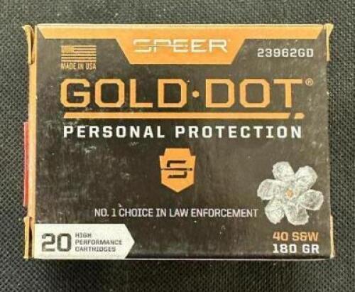 DESCRIPTION (5) 20CT BOXES OF 40 S&W AMMO BRAND / MODEL: SPEER ADDITIONAL INFORMATION 180 GRAIN SIZE $33.99 EACH LOCATION AMMO WALL QTY 5