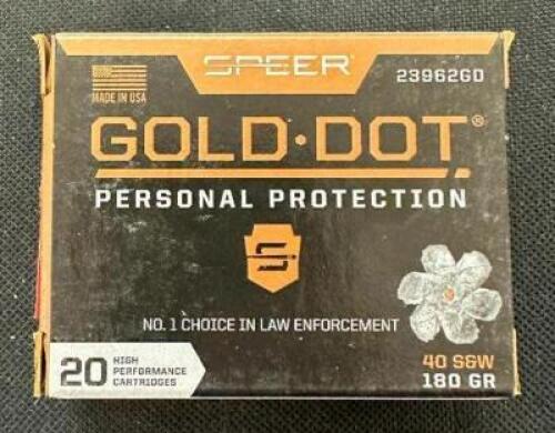 DESCRIPTION (5) 20CT BOXES OF 40 S&W AMMO BRAND / MODEL: SPEER ADDITIONAL INFORMATION 180 GRAIN SIZE $33.99 EACH LOCATION AMMO WALL QTY 5
