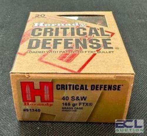 DESCRIPTION (4) 20CT BOXES OF 40 S&W AMMO BRAND / MODEL: HORNADY CRITCAL DEFENSE ADDITIONAL INFORMATION 165 GRAIN SIZE $31.99 EACH LOCATION AMMO WALL