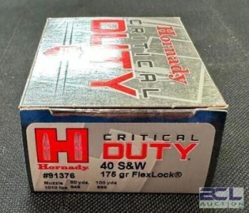 DESCRIPTION (7) 20CT BOXES OF 40 S&W AMMO BRAND / MODEL: HORNADY CRITICAL DUTY ADDITIONAL INFORMATION 175 GRAIN SIZE $36.99 EACH LOCATION AMMO WALL QT