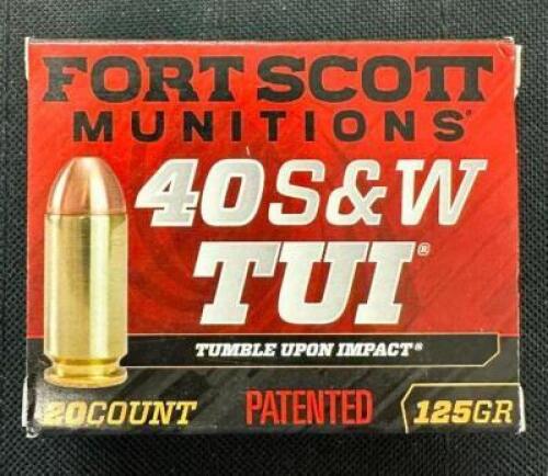 DESCRIPTION (5) 20CT BOXES OF 40 S&W AMMO BRAND / MODEL: FORT SCOTT TUI ADDITIONAL INFORMATION 125 GRAIN SIZE $32.99 EACH LOCATION AMMO WALL QTY 5