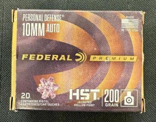 DESCRIPTION (7) 20CT BOXES OF 10mm AMMO BRAND / MODEL: FEDERAL HST ADDITIONAL INFORMATION 200 GRAIN SIZE $37.99 EACH LOCATION AMMO WALL QTY 7