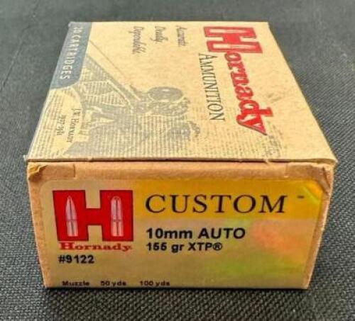 DESCRIPTION (4) 20CT BOXES OF 10mm AUTO AMMO BRAND / MODEL: HORNADY CUTOM ADDITIONAL INFORMATION 155 GRAIN SIZE $30.99 EACH LOCATION AMMO WALL QTY 4