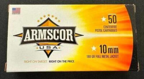 DESCRIPTION (2) 50CT BOXES OF 10mm FULL METAL JACKET AMMO BRAND / MODEL: ARMSCOR ADDITIONAL INFORMATION 180 GRAIN SIZE $29.99 EACH LOCATION AMMO WALL