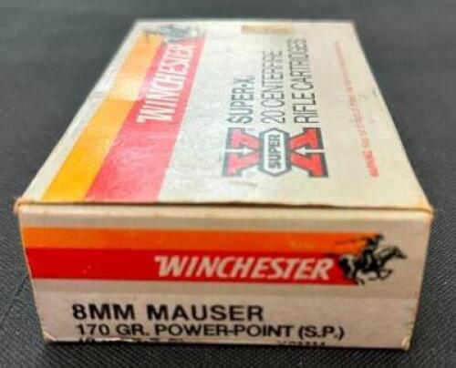 DESCRIPTION (1) 20CT BOX OF 8mm MAUSER AMMO BRAND / MODEL: WINCHESTER ADDITIONAL INFORMATION 170 GRAIN SIZE 13.99 LOCATION AMMO WALL QTY 1