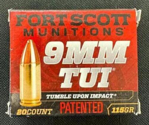 DESCRIPTION (2) 20CT BOX OF 9mm AMMO BRAND / MODEL: FORT SCOTT TUI ADDITIONAL INFORMATION 115 GRAIN SIZE $32.99 EACH LOCATION AMMO WALL QTY 2